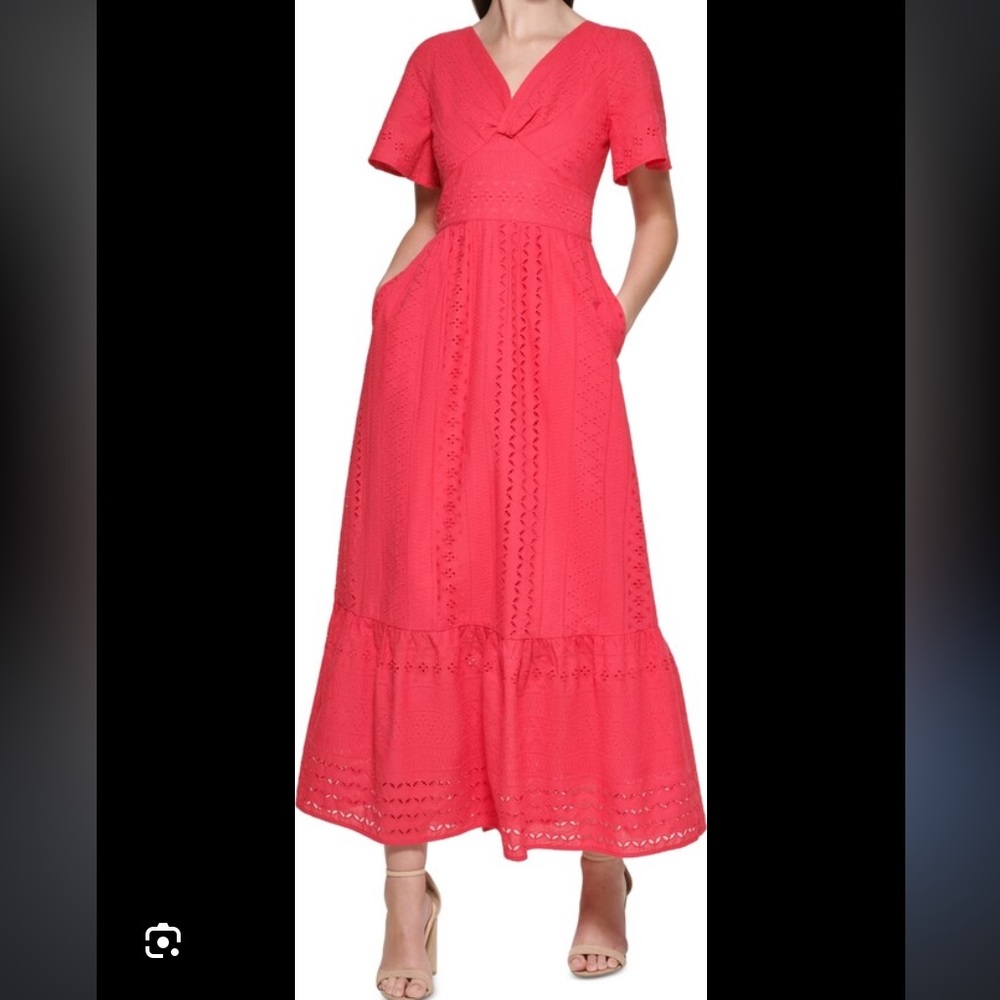 Kensie Coral Eyelet Midi Dress